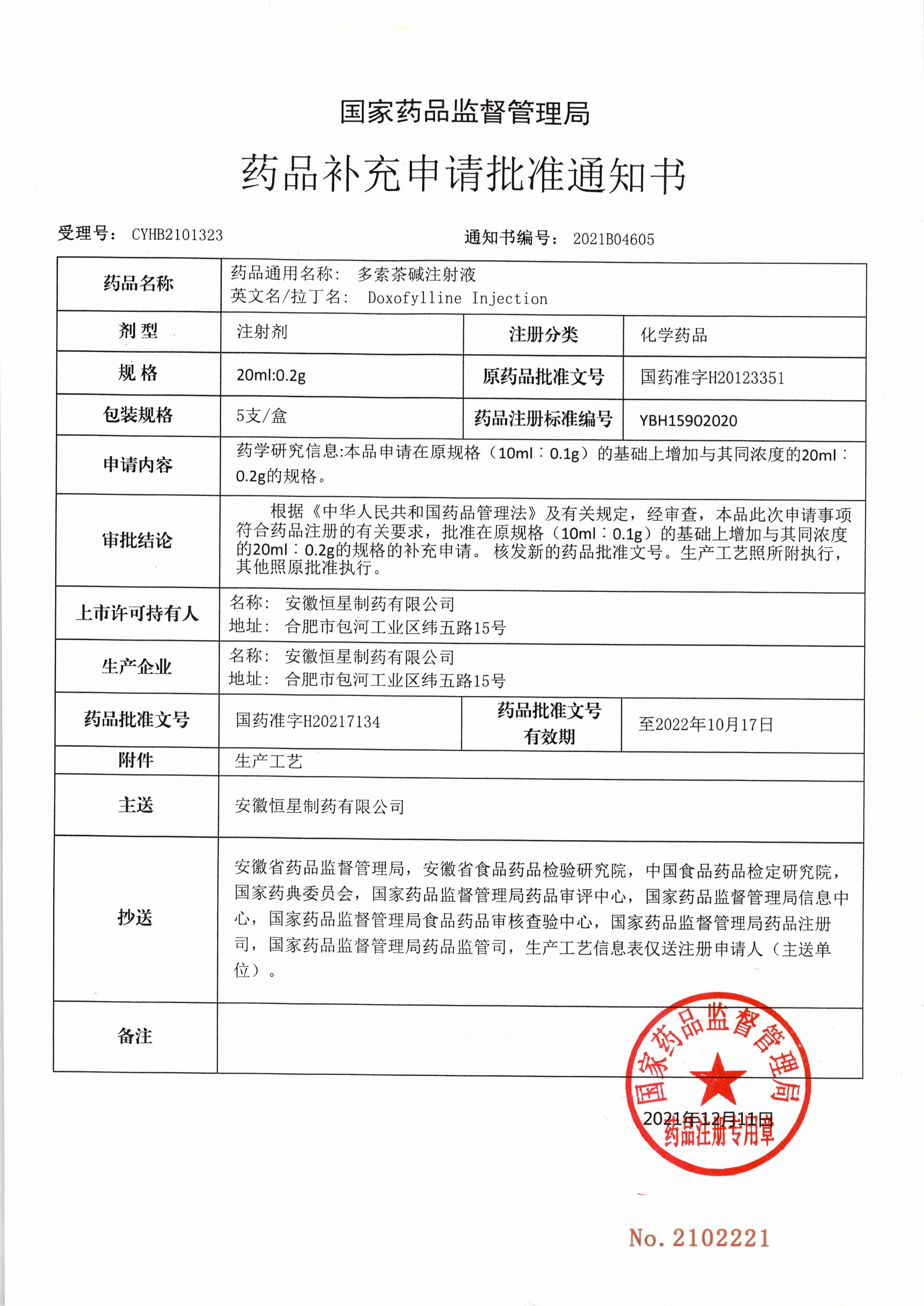 華仁藥業全資子公司恒星制藥多索茶堿注射液補充規格取得藥品注冊證書(圖1)